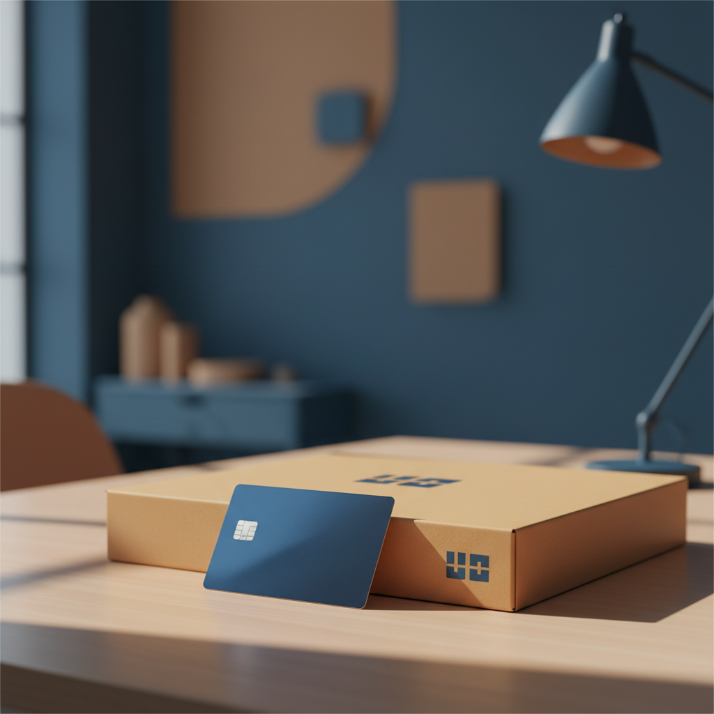 A person holding a credit card next to a new laptop in a box, symbolizing the connection between the purchase and the warranty.