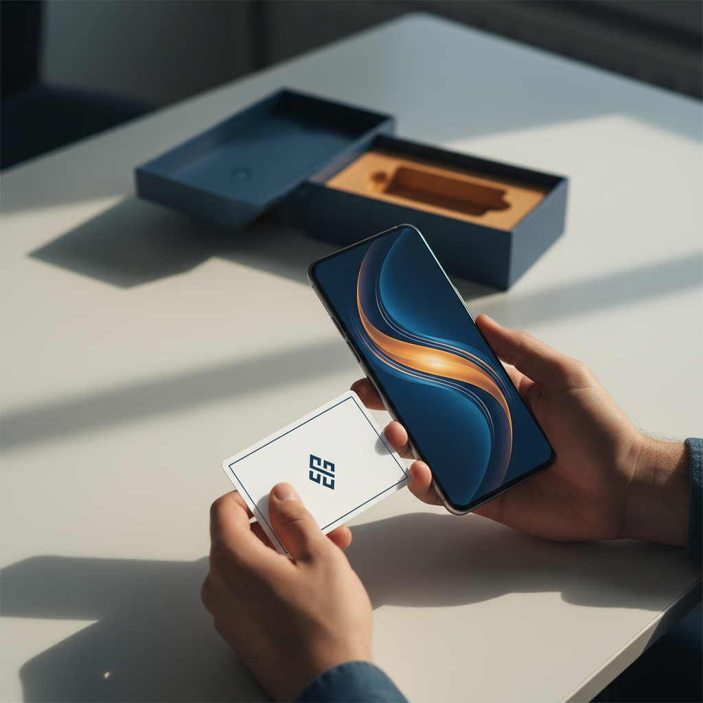 A person carefully inspecting the warranty information on a new smartphone's box, with the phone and accessories laid out on a table.