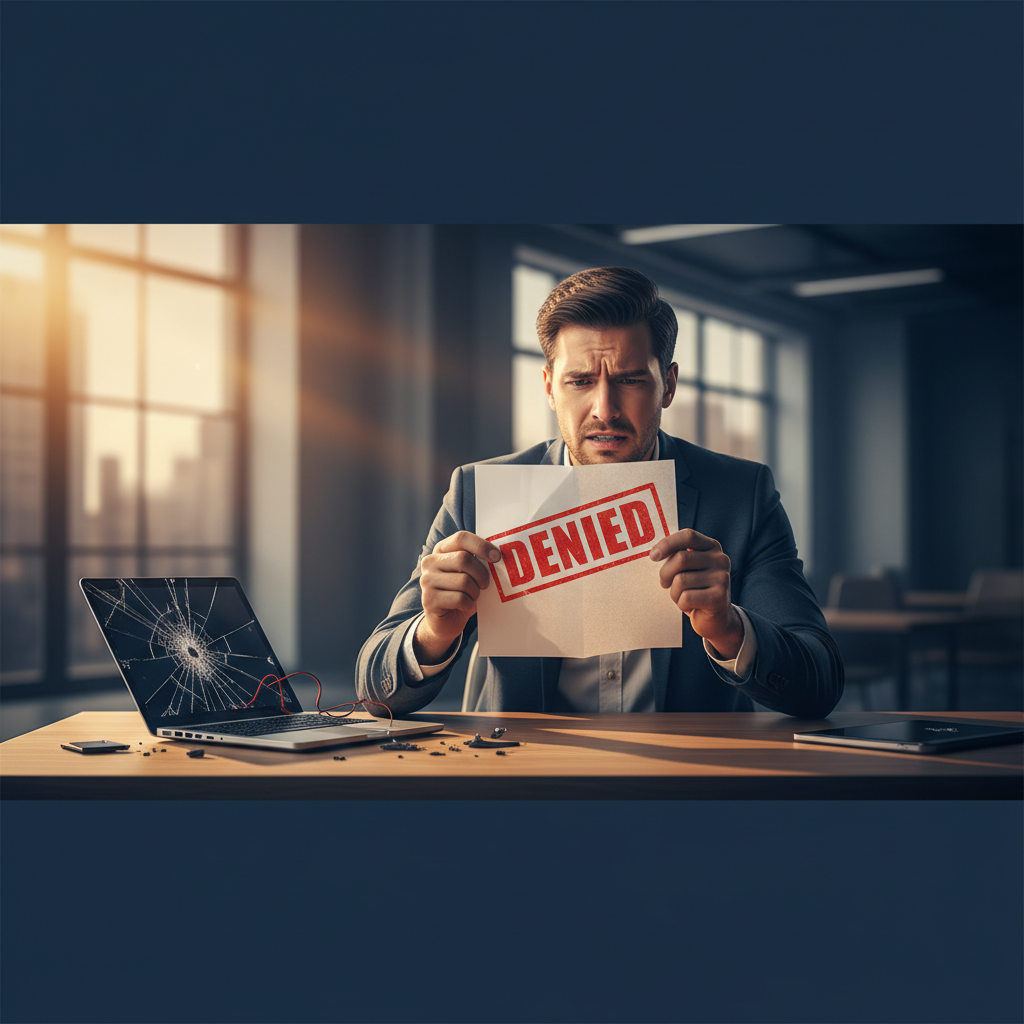 A person looking frustrated at a denied warranty claim document with a red stamp.