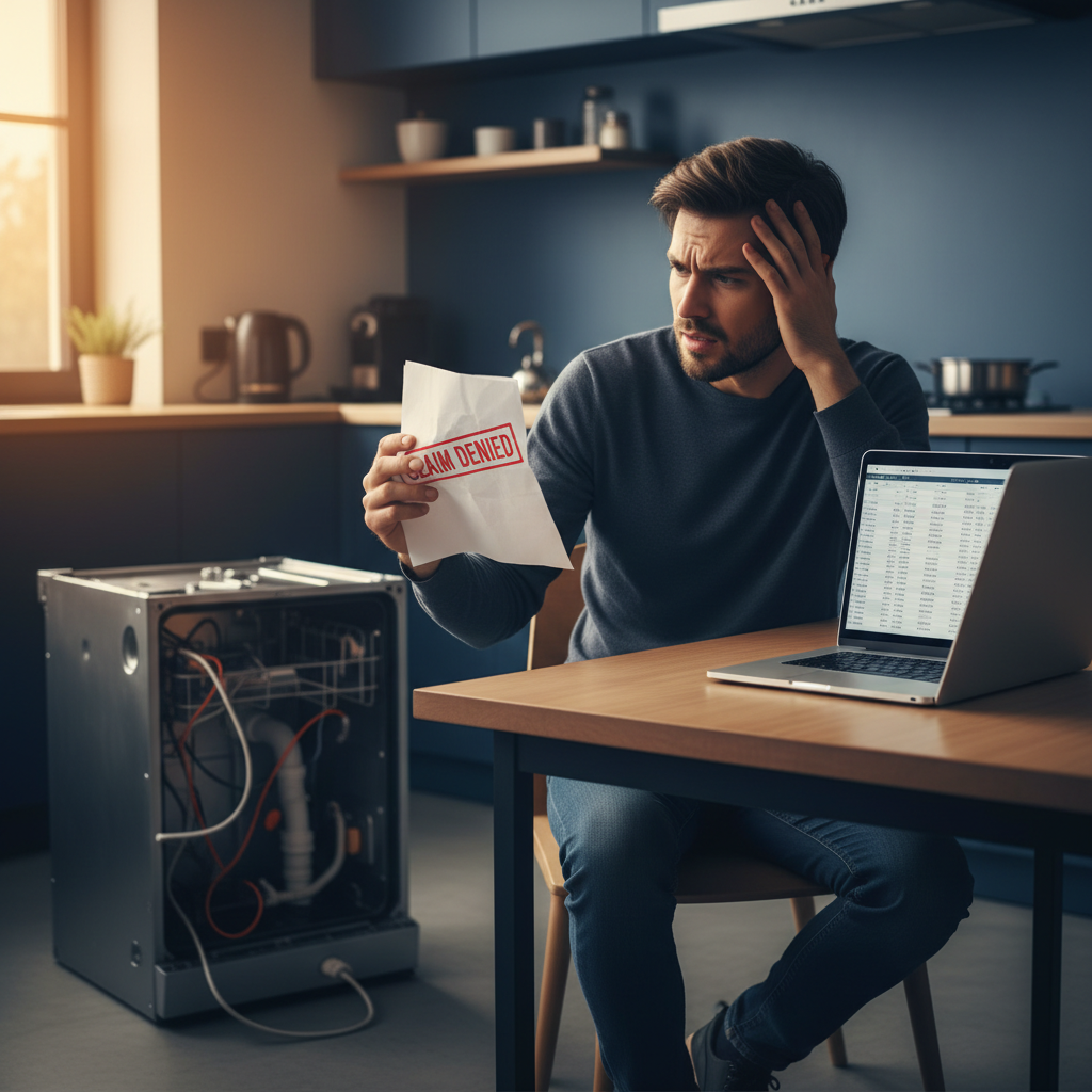 A person looking determinedly at a denied warranty claim document on a desk with a laptop and a broken appliance in the background.