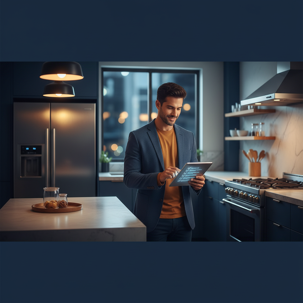 A host reviewing a digital checklist on a tablet in a modern short-term rental kitchen, surrounded by new appliances.